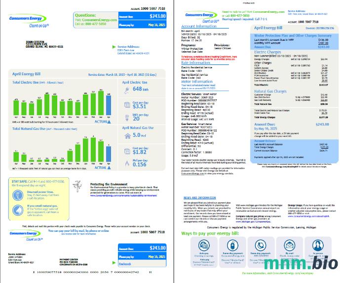 USA Consumers Energy rachunek za media template in Word i PDF formats, 2 strony, vesion 2